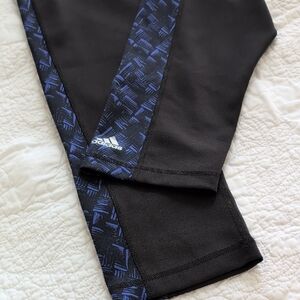 Adidas Women's Black Leggings with Patterned Blue Trim